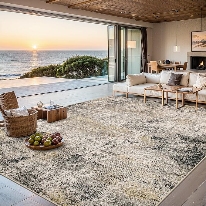 PLHXFR 10x14 Area Rug Living Room: Abstract Washable Carpet Brown Black | For Bedroom Dining Room Farmhouse Nursery Home,Machine washable,Non Slip,Large Soft Neutral,Stain Resistant, Indoor Floor