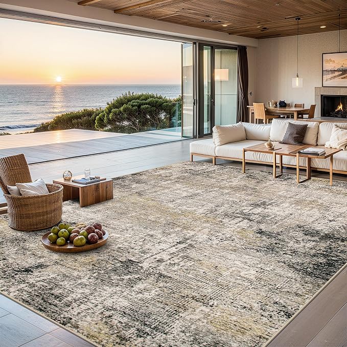 PLHXFR 9x12 Area Rug Living Room: Abstract Washable Carpet Brown Black | For Bedroom Dining Room Farmhouse Nursery Home,Machine washable,Non Slip,Large Soft Neutral,Stain Resistant, Indoor Floor