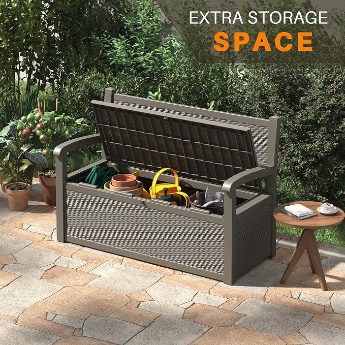 80 Gallon Outdoor Storage Bench, Resin Patio Storage Bench with Armrest, Lockable Deck Boxes Outdoor Waterproof and UV Resistant for Patio Cushions, Garden Tools and Pool Supplies, Grey