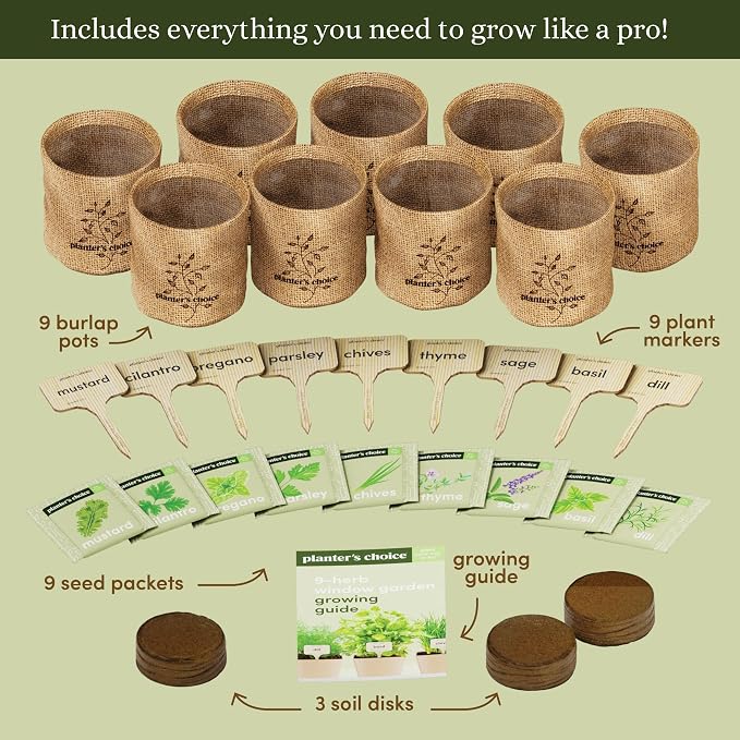 Planters' Choice 9 Herb Indoor Window Garden Kit - Birthday Gifts - House Plants Seeds - Best Unique Gift Ideas for Women, Mom, Friend, Her, Housewarming, Mother - Live Plant Starter, Gardening Lovers