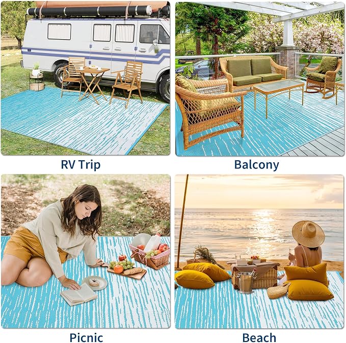 Garvee Waterproof Outdoor Rug for Camping, 5x8 Abstract Outdoor Patio Rug Plastic Straw RV Rugs for Outside, Reversible UV Resistant Modern Mats for Picnic Backyard Deck Balcony, Light Blue