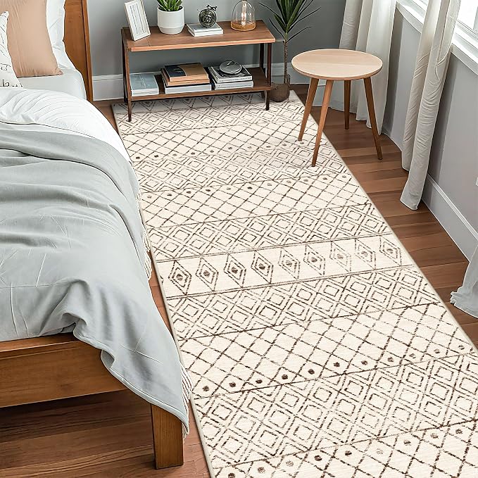 Washable 4x10 Non Slip Moroccan Runner:Hallway Runner Rug Geometric Beige | Modern Low Pile Soft Pets Friendly Runners - Indoor Thin Carpet for Kitchen Bedroom Entryway Laundry