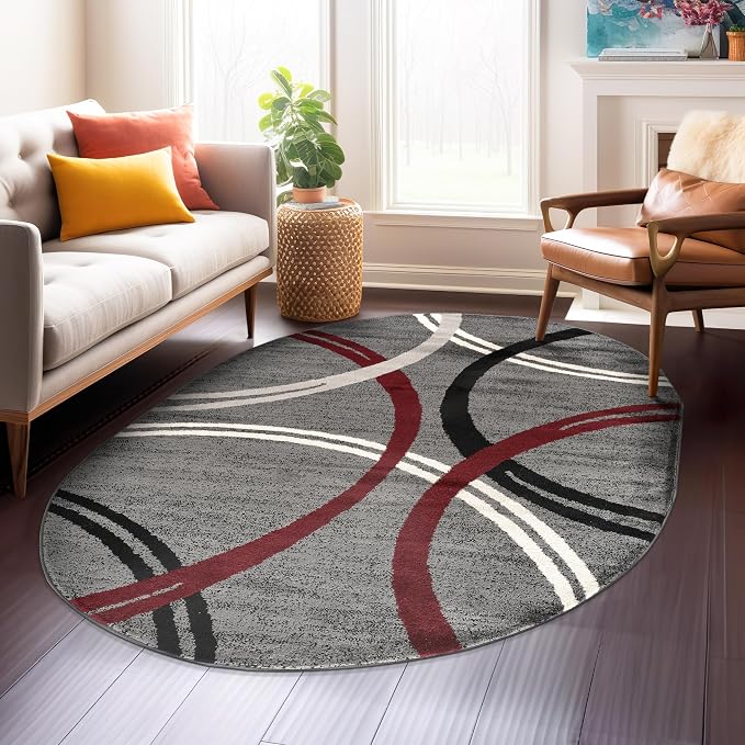 Rugshop Wavy Circles Modern Non-Shedding Living Room Oval Rug Red 5' x 7' | Oval, Size 5' x 7', Bedroom, Dining Room, Home Office, Kitchen, Entryway, Hallway, Nursery, Kids Room, Guest Room