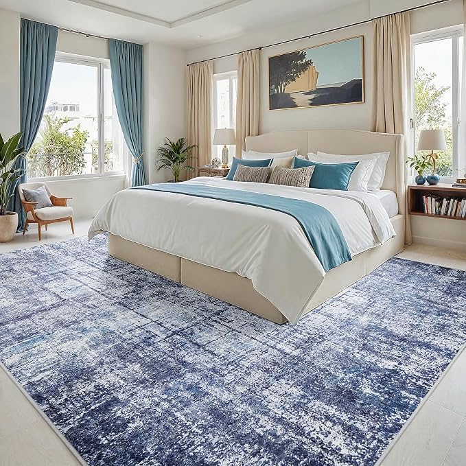 8x10 Washable Area Rug for Living Room Bedroom: Non-Slip Modern Navy Blue | Machine Washable TPR Backing, Stain-Resistant Low Pile, Pet & Kid Friendly, Abstract Decor for Dining Room, Dorm, Home Office