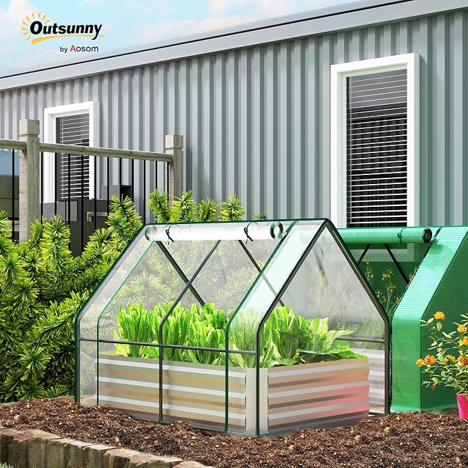 Outsunny 4 x 3 x 3ft Raised Garden Bed with Mini Greenhouse, Galvanized Raised Garden Bed with Cover for Herbs and Vegetables, Small Greenhouse for Patio Garden Balcony, Clear and Gray