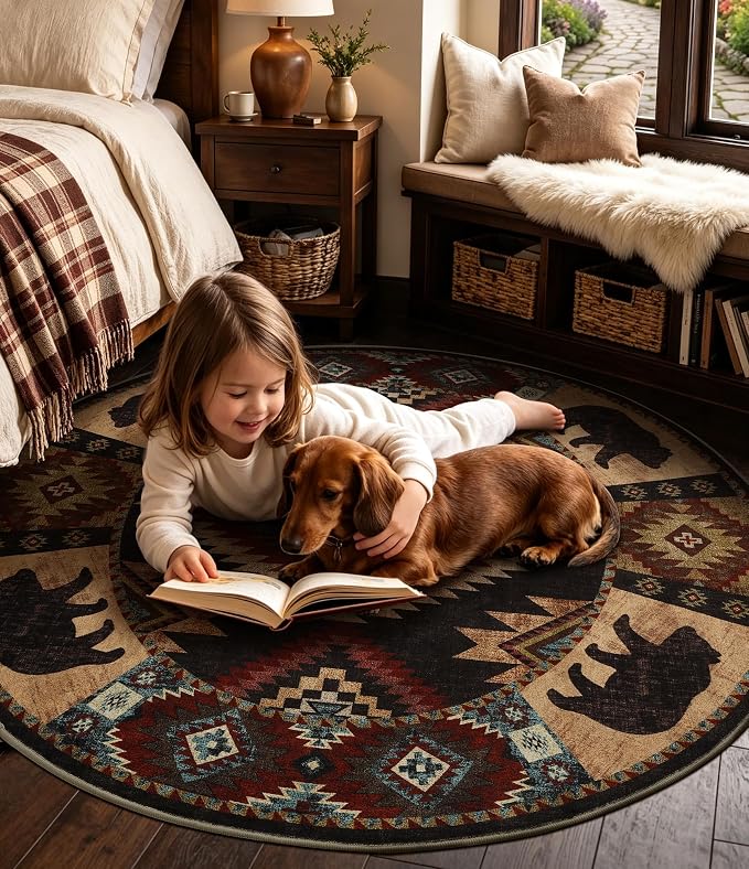 YIHOUSE Southwestern Round Rug 6ft, Low Pile Soft Circle Area Rug with Non-Slip Backing, Western Rustic Washable Rugs for Living Room, Bedroom