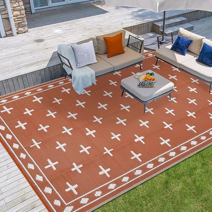 Outdoor Rug 9x12 Modern Area Rugs for Indoor and Outdoor Patios and Porches - Waterproof, Washable, Non-Shedding, Easy-to-Clean Outside Carpet，Orange/White