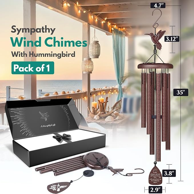 Hummingbird Memorial Wind Chimes for Loss of Loved One - 35" Long Sympathy Wind Chimes for Outside, Bereavement, Remembrance, Funeral Gift for Mother, Dad, Husband, Son & Sister