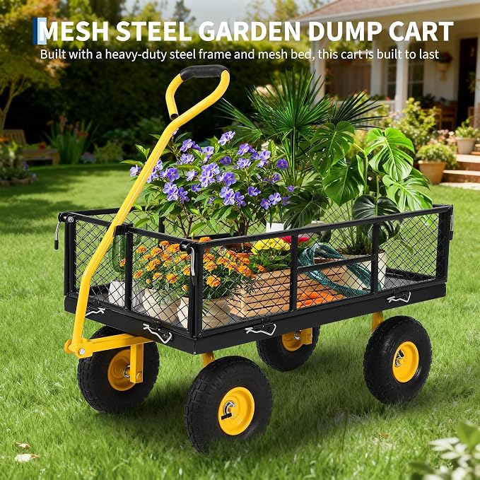 Garvee 900 LB Garden Cart, Heavy Duty Metal Utility Garden Wagon, Black | 13 in All Terrain Tires, 4-in-1 Yard Wagon Cart with Removable Side Panels for Outdoor Lawn, Yard, Backyard