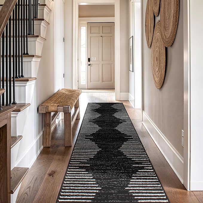 Rugshop Bohemian Stripe Stain Resistant Runner Rug Black 2'7" x 10' | High Traffic, Rectangular, Size 2'7" x 10', Living Room, Bedroom, Dining Room, Home Office, Kitchen, Entryway, Hallway