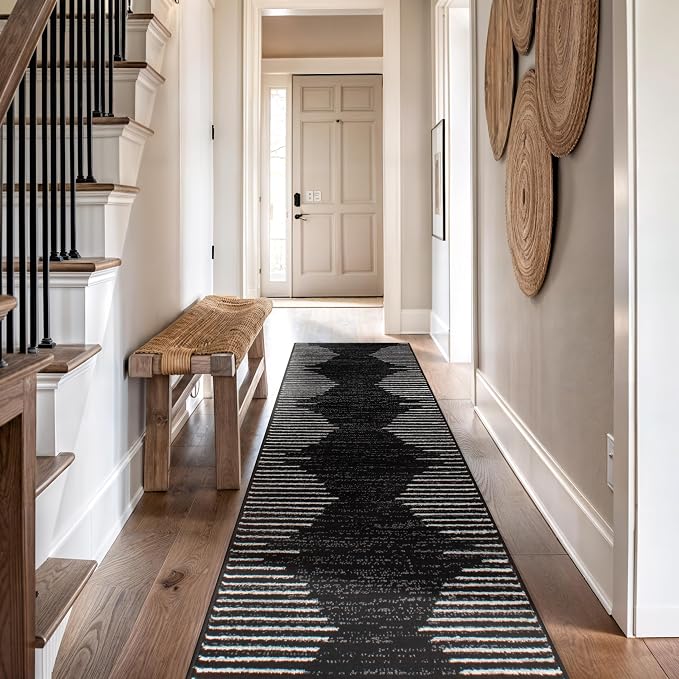 Rugshop Bohemian Stripe Stain Resistant Runner Rug Black 2'7" x 8' | High Traffic, Rectangular, Size 2'7" x 8', Living Room, Bedroom, Dining Room, Home Office, Kitchen, Entryway, Hallway