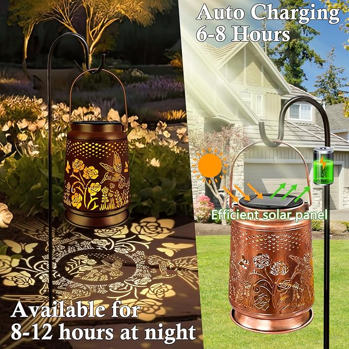 KY&BOSAM Rose Hummingbird Solar Lanterns Outdoor Waterproof Garden Decor | Retro Appearance ,Old Gold Color Metal Hanging Solar Lights Gifts for Women Mom Grandma Outside for Yard,Patio,Backyard,Porch