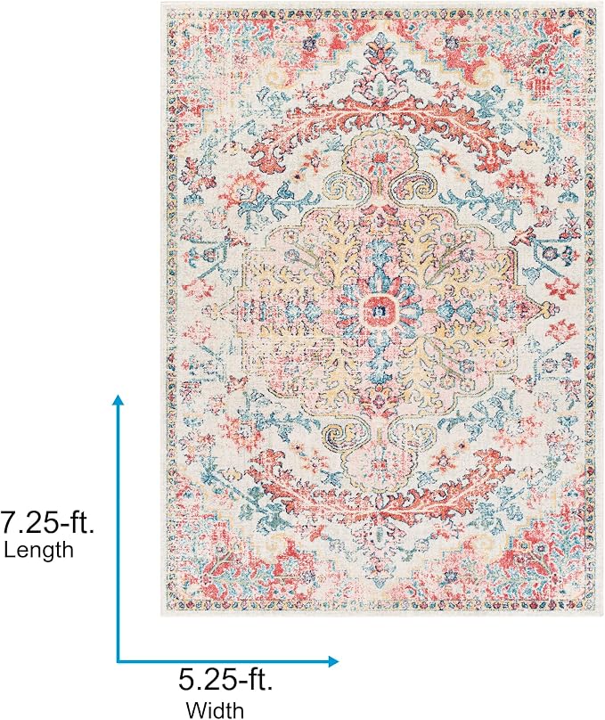 Livabliss Area Rugs - 5x7 Odelia Vintage Boho Red Off-White Blue Area Rug for Living Room Bedroom - Floral Medallion Stain Resistant Carpet for Kitchen, Nursery, Office (5'3" x 7'3")