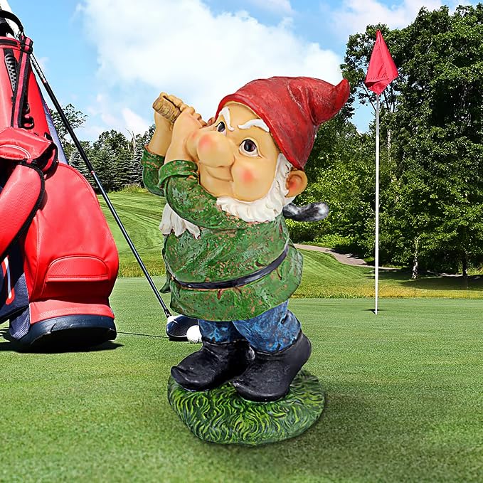 Design Toscano Bigey Burt Funny Golfing Garden Gnome Statue, 12 inch, Polyresin, Full Color