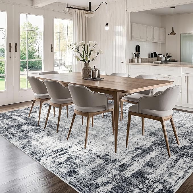 Washable 9x12 Area Rug: Modern Large Rugs for Living Room Dining Room Bedroom Office Indoor - Non-Slip Carpet Home Decor - 9x12 Black Grey