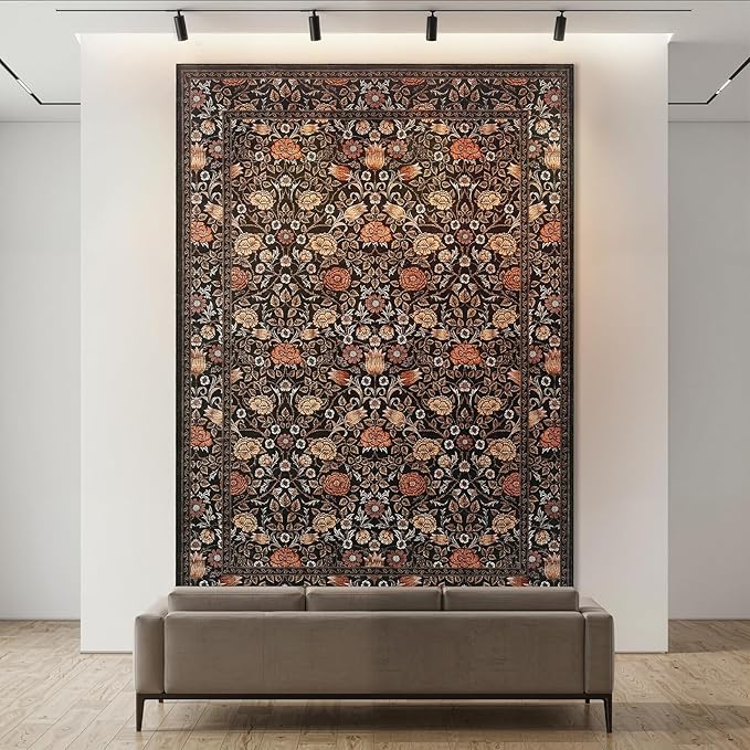 GarveeHome Dark Brown Floral Washable 2x3 Rug for Entryway Small Door Mat | Kitchen Bathroom Girls Bedroom Dorm Rug Vintage Boho Rugs Low-Pile Non-Slip Stain Resistant TPE Backing