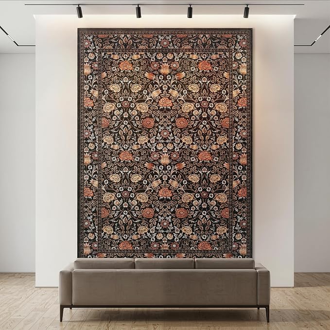 GarveeHome Dark Brown Floral Washable Rug 5x7 for Bedroom Living Room | Nursery Dorm Office Rug Vintage Boho Rugs Low-Pile Non-Slip Stain Resistant TPE Backing
