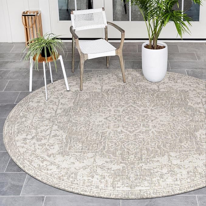 Unique Loom Outdoor Collection Area Rug - Dubai (10' 8" Round, Gray/ Ivory)