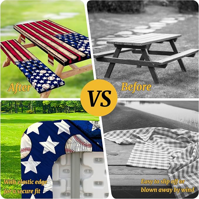 Picnic Table Cover with Bench Covers Elastic,Fitted Table cloths for Rectangle Tables 6 Foot Washable,Waterproof Tablecloth for Outdoor Camping Essentials Accessories(6 Foot,American Baseball)