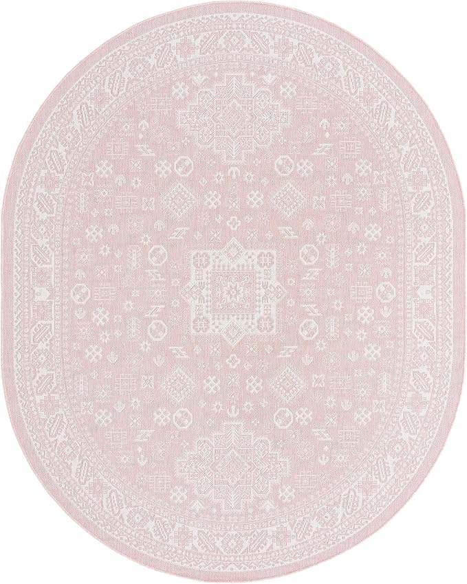 Unique Loom Outdoor Aztec Collection Area Rug - Chalca (7' 10" x 10' Oval, Pink/ Ivory)