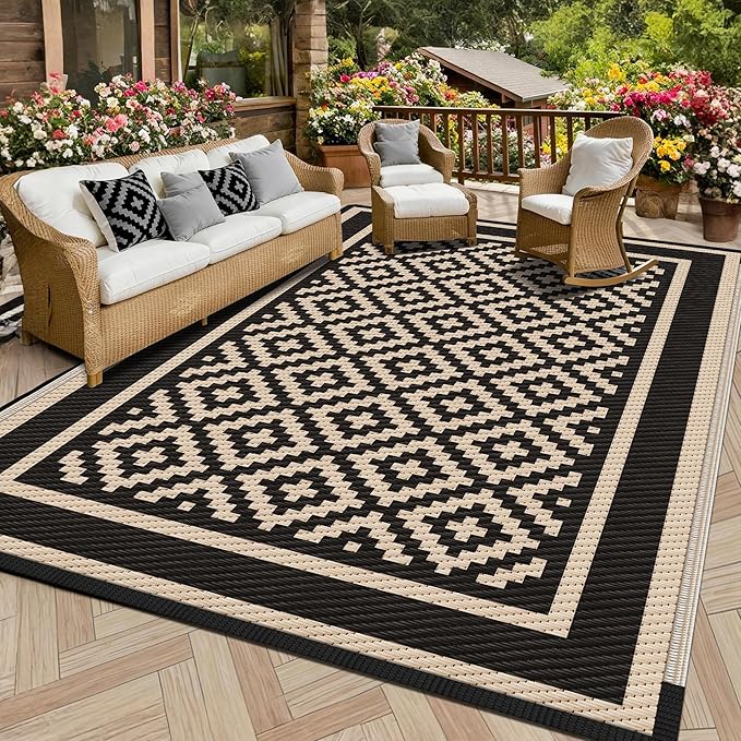 Kohree RV Outdoor Rug 8x10 Reversible, Waterproof Patio Mat with 4 Stakes & UV Fade Resistant, Non-Slip Outdoor Camping Mat for Deck, Picnic, Backyard, Includes Carry Bag (Black & Brown)