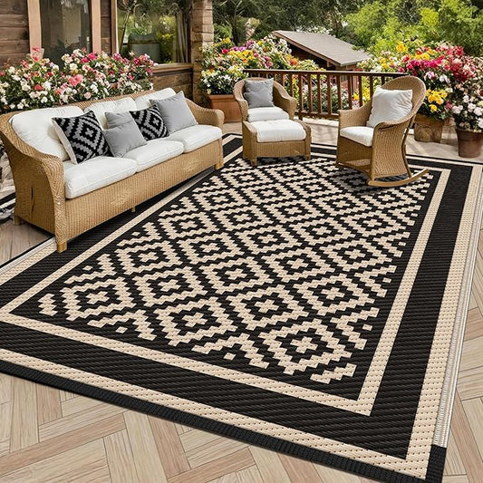Kohree RV Outdoor Rug 8x10 Reversible, Waterproof Patio Mat with 4 Stakes & UV Fade Resistant, Non-Slip Outdoor Camping Mat for Deck, Picnic, Backyard, Includes Carry Bag (Black & Brown)