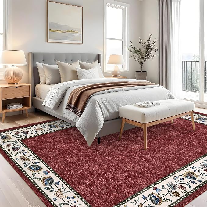 Garvee 8x10 Vintage Floral Washable Rugs for Living Room Bedroom Rug | Red Boho Border Area Rug Stain Resistant Easy Cleaning Throw Rugs Low Pile Floor Cover for Nursery Dining Room Apartment