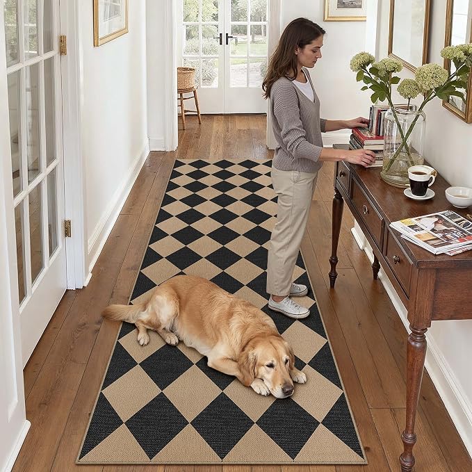 PureCozy 2x8 Checkered Easy Jute Runner Rug Non Slip Hallway Kitchen Washable Outdoor Rug for Entryway Indoor Checkerboard Black Long Indoor Outdoor Carpet for Bedside Entry Front Door Porch