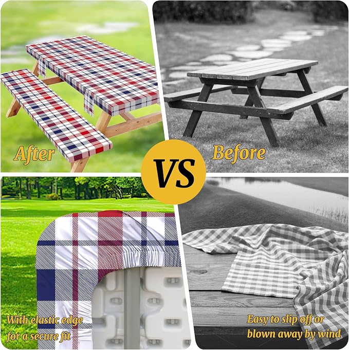 Picnic Table Cover with Bench Covers Elastic,Fitted Table cloths for Rectangle Tables 6 Foot Washable,Waterproof Tablecloth for Outdoor Camping Essentials (Red White Blue Buffalo Plaid, 6 Foot)