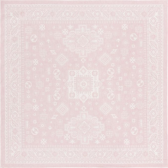 Unique Loom Outdoor Aztec Collection Area Rug - Chalca (10' Square, Pink/ Ivory)