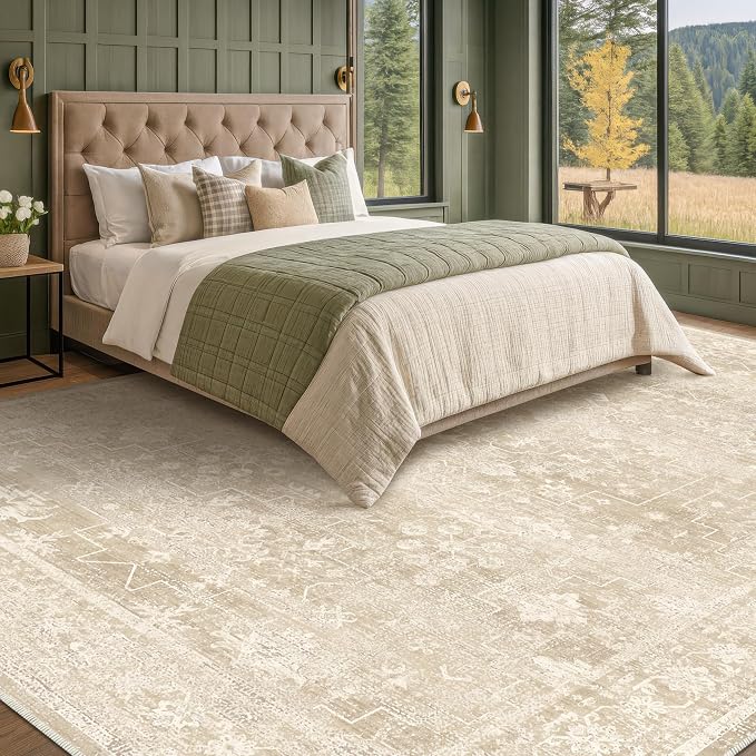 Farmhouse 9x12 Beige Large Area Rugs for Living Room, Neutral Creamy Sandy Gold Washable Rug for Bedroom Under Bed with Distressed Geometric Design, Soft Stain Resistant Low Pile Non-Slip
