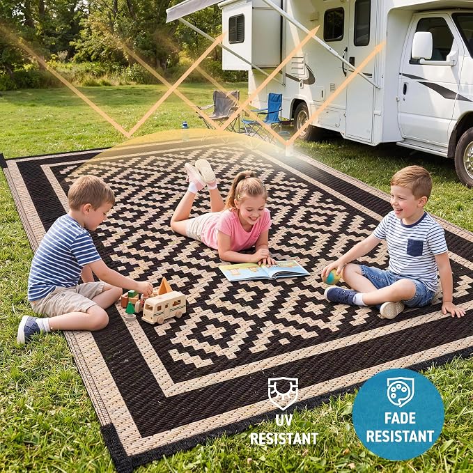 Kohree RV Outdoor Rug 9x12 Reversible, Waterproof Patio Mat with 4 Stakes & UV Fade Resistant, Non-Slip Outdoor Camping Mat for Deck, Picnic, Backyard, Includes Carry Bag (Black & Brown)