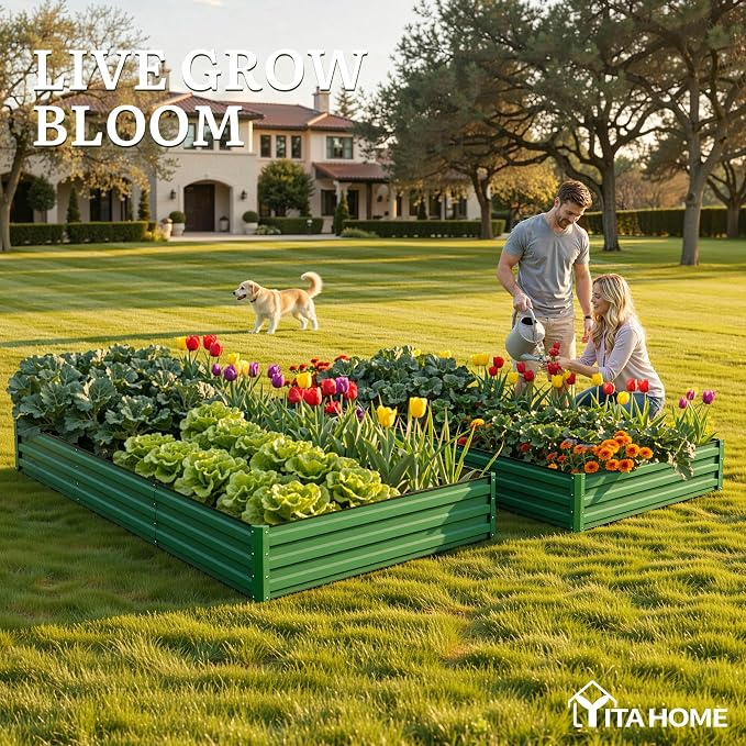 YITAHOME 2pcs 8x4x1ft Galvanized Raised Garden Bed, Metal Planter Box with Safety Rubber, Gloves, Outdoor Flower Bed for Planting Plants Vegetables, Green