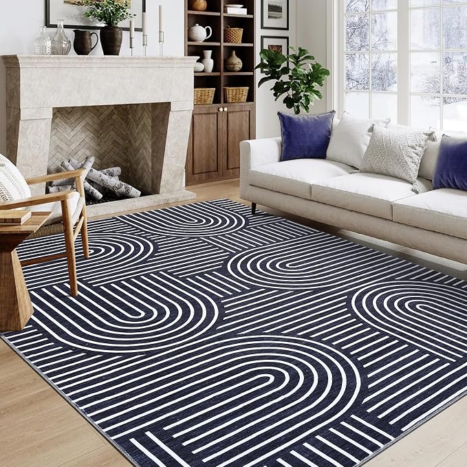 ROYHOME Modern Washable Rug 5x7 Area Rugs for Living Room Non Slip, Blue | Abstract Rug for Bedroom, Rainbow Throw Rugs with Rubber Back, Low Pile Stain Resistant Boho Geometric Carpet for Dining Room