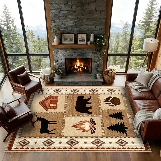 9x12 Cabin Bear Rustic Area Rug for Living Room Lodge Deer Wildlife Large Rug Country Farmhouse Westen Machine Washable Non-Slip Printed Low-Pile Indoor Carpet for Bedroom Dining Room Office