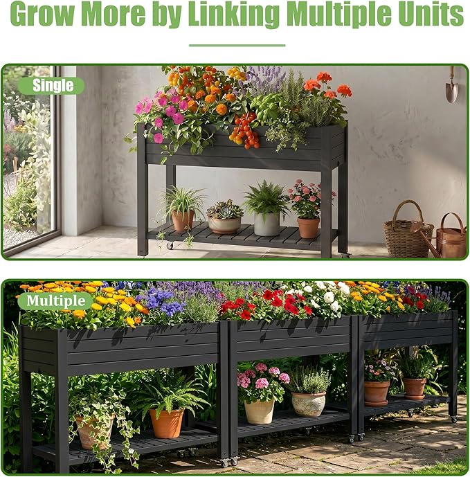 EFU Raised Garden Beds Outdoor, with Wheels for Mobility, Extra Storage Shelf, Water Level Monitoring, 21 Gallon Planter Raised Beds for Vegetables, Herbs, Fruits, Backyard, Patio, Balcony (Black)