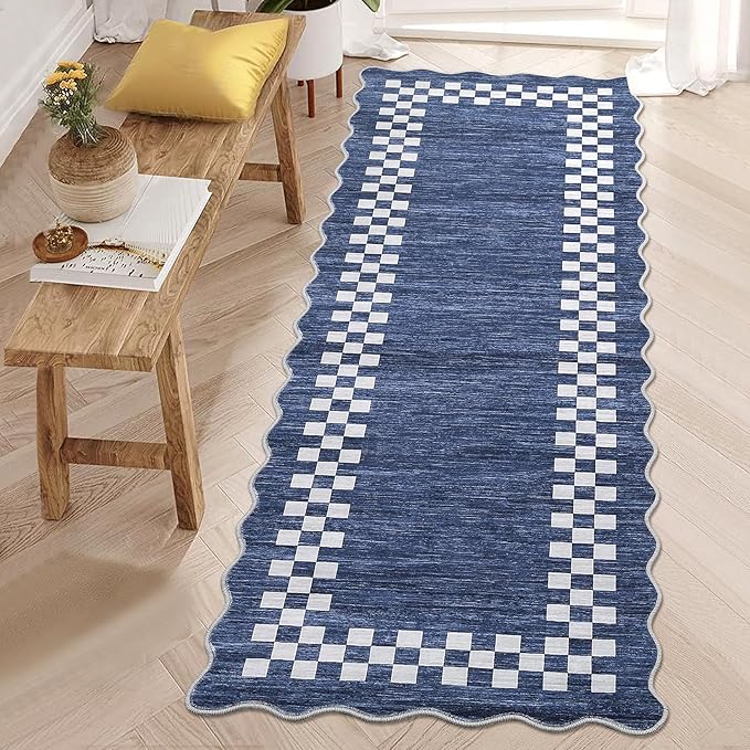 GarveeHome Rug Runners for Hallways 2x8 Washable Kitchen Runner Rug | Non Slip Low Pile Throw Carpet Modern Bordered Bathroom Runners Checkered Rug for Living Room Bedroom Entryway Nursery, Blue