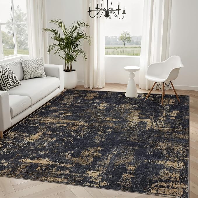 Sasttie 5x7 Washable Area Rug, Modern Abstract Carpet, Black & Gold | Ultra-Soft Faux Wool, Low Pile, Non-Slip, Lightweight, Thin, for Nursery, Living Room, Bedroom, Dinning Room & Dorm