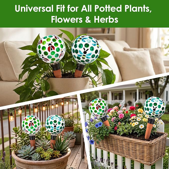 Terracotta Plant Watering Globes Mosaic Self Watering Spikes 2 Pack for Indoor Outdoor Plants Automatic Plant Waterer Plant Watering Devices for Garden Home Decor, Green