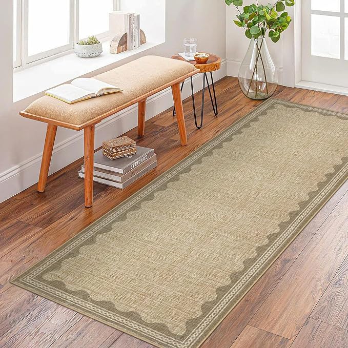 2x6 Scalloped Runners Jute Washable Hallways Bedroom Rug | Solid Non Slip Scalloped Bath Runner, Rugs for Bedroom Girls, Rugs for Kitchen Floor Soft Dorm Nursery Carpet for Bedside
