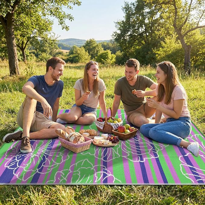 Garvee 5x8 Plastic Straw Outdoor Waterproof Rug, Floral Reversible Patio Rug, Portable Camping Mat for RV, Picnic, Beach, Balcony, Garden and Camping Lightweight&Easy to Carry, Green