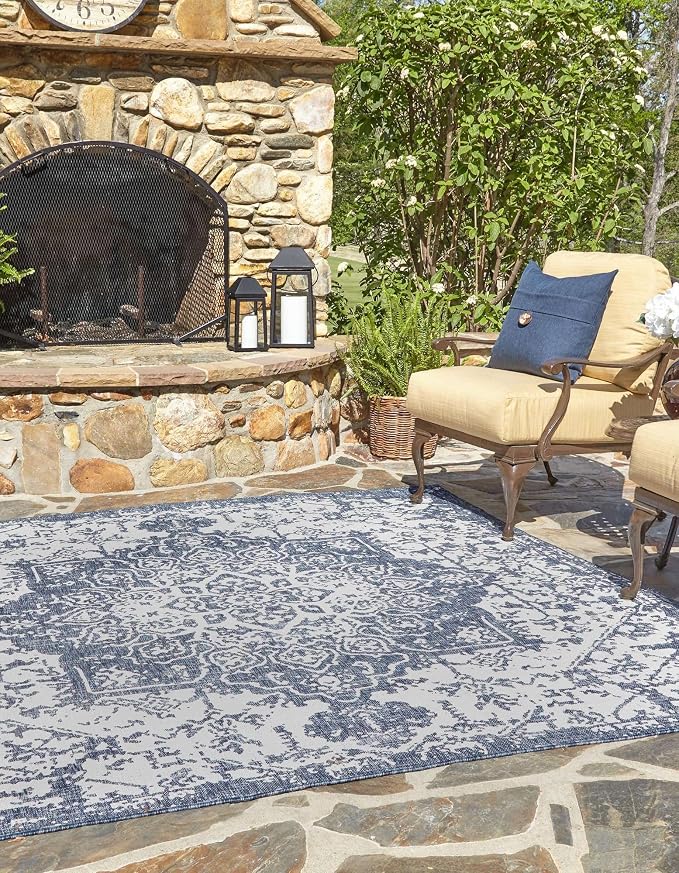 Unique Loom Outdoor Collection Area Rug - Dubai (10' 8" Square, Blue/ Ivory)
