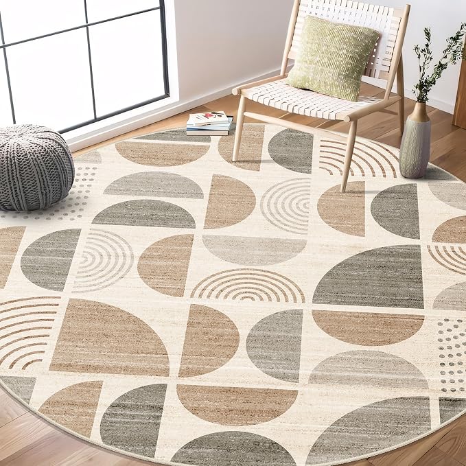 Round Rugs 6ft,Circle Area Rug Washable Non Slip Modern Abstract | Large Circular Rugs for Living Room Dining Room Boho Throw Carpet Soft Low Pile Floor Indoor Bohemian Neutral Beige