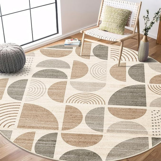 Round Rugs 6ft,Circle Area Rug Washable Non Slip Modern Abstract | Large Circular Rugs for Living Room Dining Room Boho Throw Carpet Soft Low Pile Floor Indoor Bohemian Neutral Beige