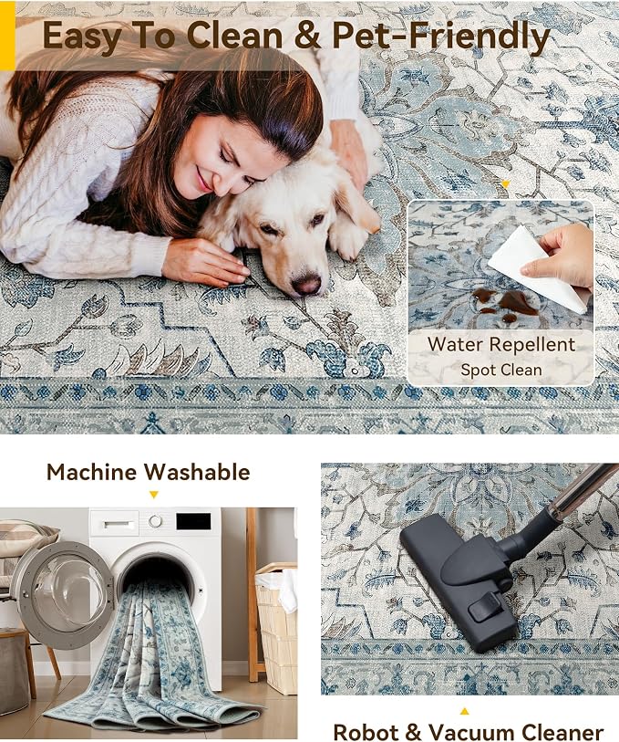 RELEANY Washable Area Rug, 8'x10', Blue/White/Gray | Non-Slip, Water Repellent, Pet Friendly, Easy to Clean, Vintage Floral Boho Decor for Living Room Bedroom Dining Room