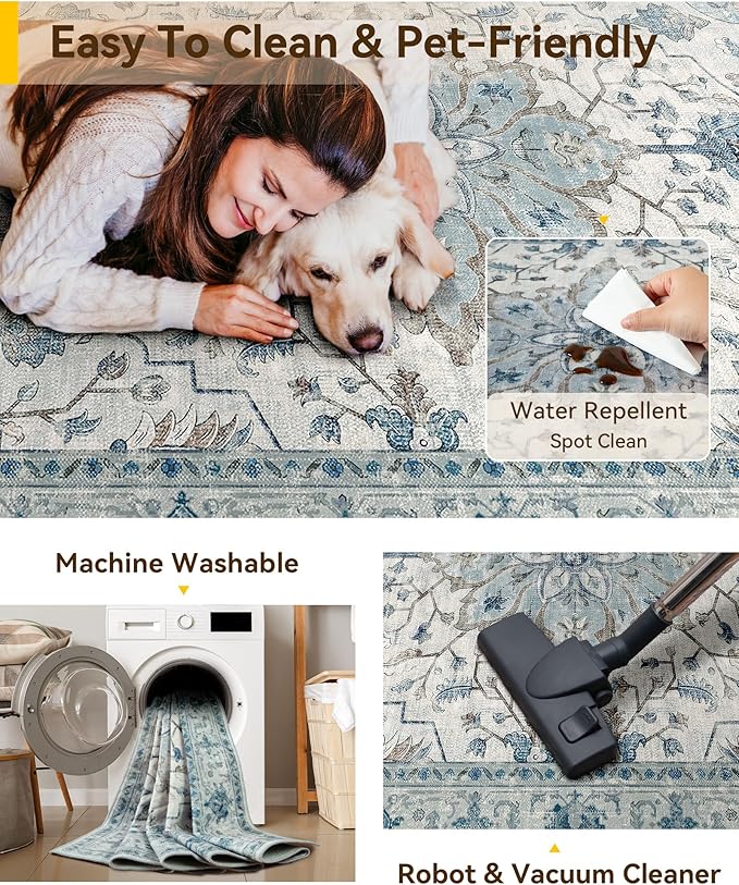 RELEANY Washable Area Rug, 6'x9', Blue/White/Gray | Non-Slip, Water Repellent, Pet Friendly, Easy to Clean, Vintage Floral Boho Decor for Living Room Bedroom Dining Room Office