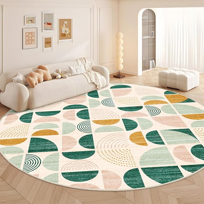 Round Rugs 9ft,Circle Area Rug Washable Non Slip Modern Abstract | Circular Rugs for Living Room Dining Room Boho Large Throw Carpet Soft Low Pile Floor Indoor Bohemian Sage Green