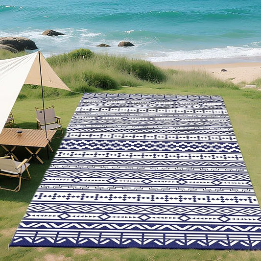 Outsunny Outdoor Rug for Patio, 9' x 18' Waterproof Large Mat, Reversible Plastic Straw Rug for Decor, Portable Outside RV Camping Area Carpet Mat for Backyard Porch Deck Picnic, Blue White Geometric