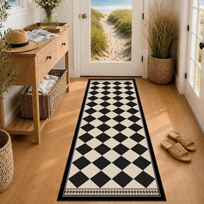Easy Jute Washable Checkered Runner Rug, Non Slip Entryway Checkerboard Rug Runners 2x6, Black and Brown Boho Diamond Carpet for Kitchen Laundry Hallway, Stain Resistant Indoor Outdoor Home Décor