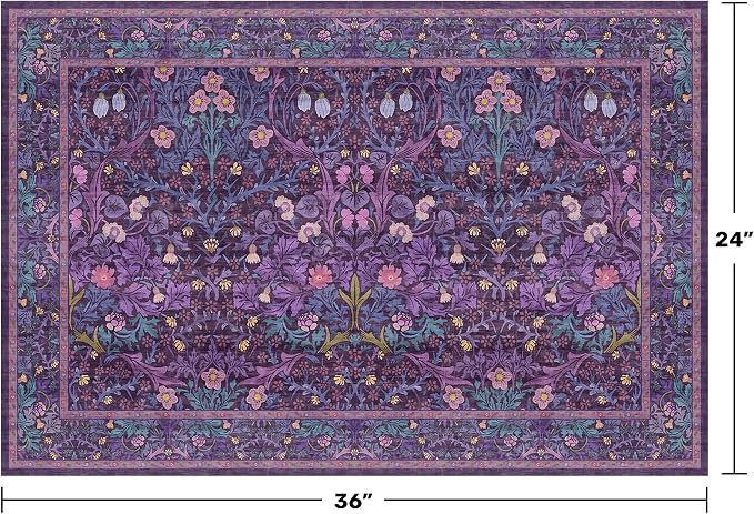 Washable Small Purple Rug 2x3 for Entryway Non Slip, Bohemian Throw Rug for Bathroom, Front Door Indoor, Mudroom, Kitchen, Vintage Plum Floral Décor, Stain & Fade Resistant